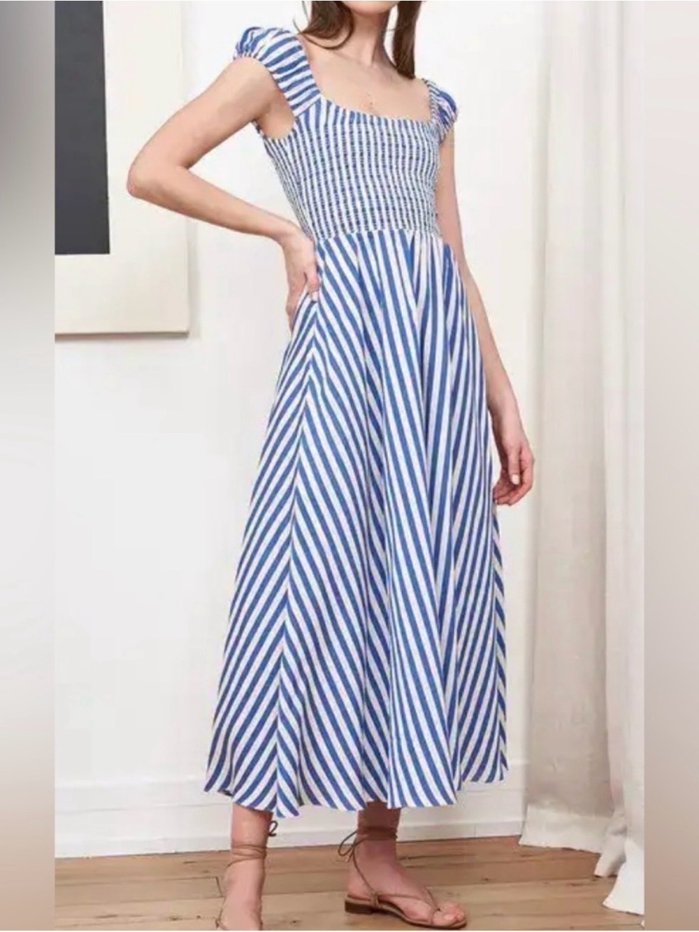 La Ligne Blue and White Striped Smocked Square-Neck Midi Dress